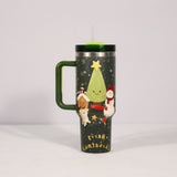Christmas Pattern Mug With Handle Lid Straw Drinkware Stainle