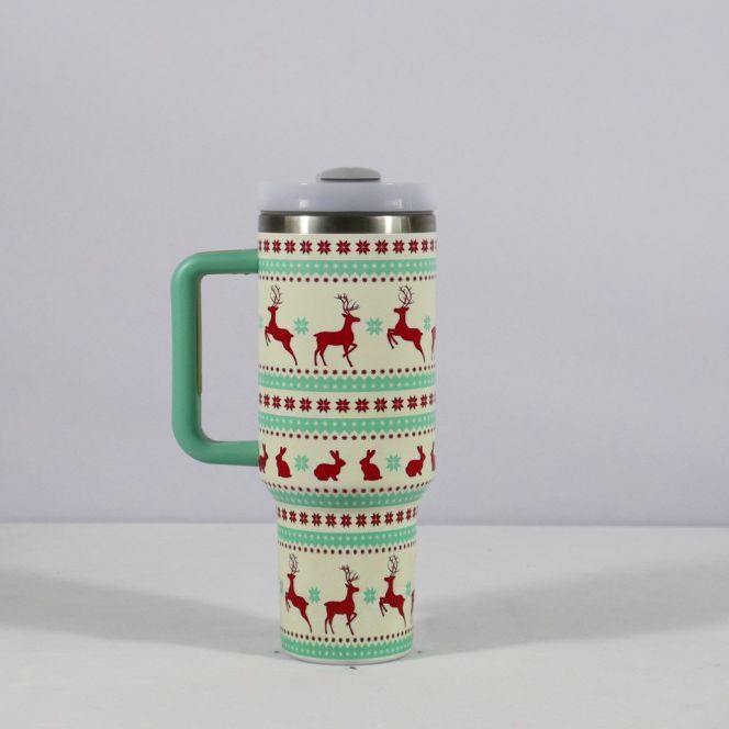 Christmas Pattern Mug With Handle Lid Straw Drinkware Stainle