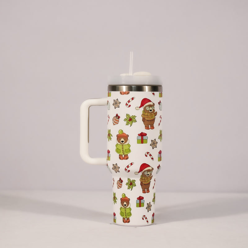 Christmas Pattern Mug With Handle Lid Straw Drinkware Stainle