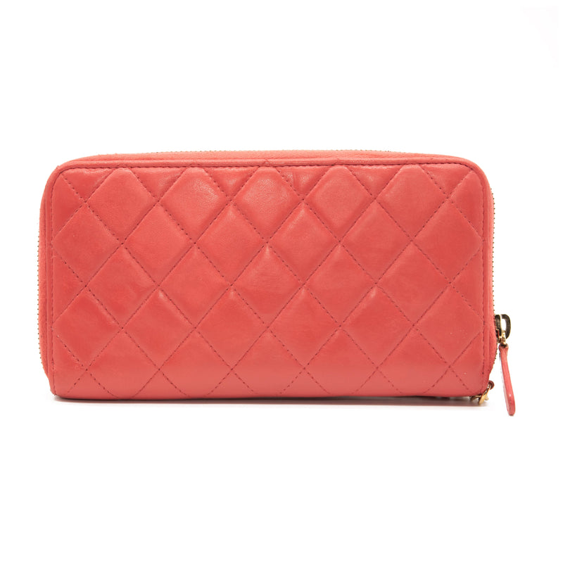 Chanel Lambskin Quilted Camellia Zip Around Wristlet Wallet Pink