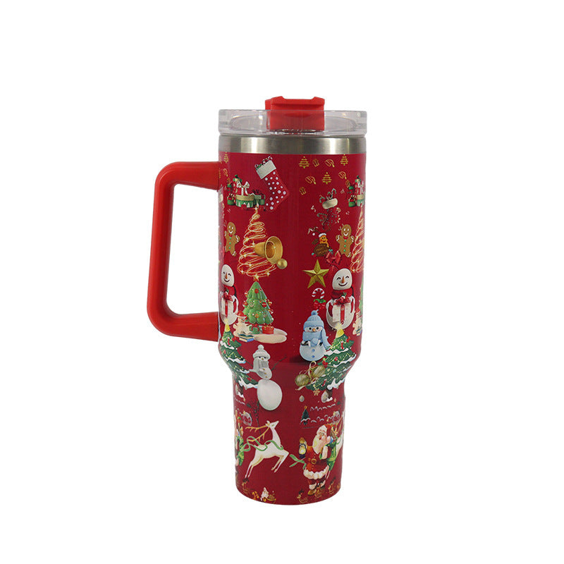Christmas Pattern Mug With Handle Lid Straw Drinkware Stainle