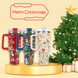 Christmas Pattern Mug With Handle Lid Straw Drinkware Stainle
