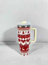 Christmas Pattern Mug With Handle Lid Straw Drinkware Stainle