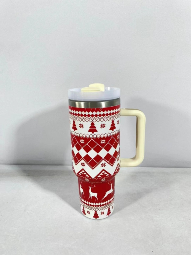 Christmas Pattern Mug With Handle Lid Straw Drinkware Stainle