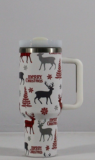 Christmas Pattern Mug With Handle Lid Straw Drinkware Stainle