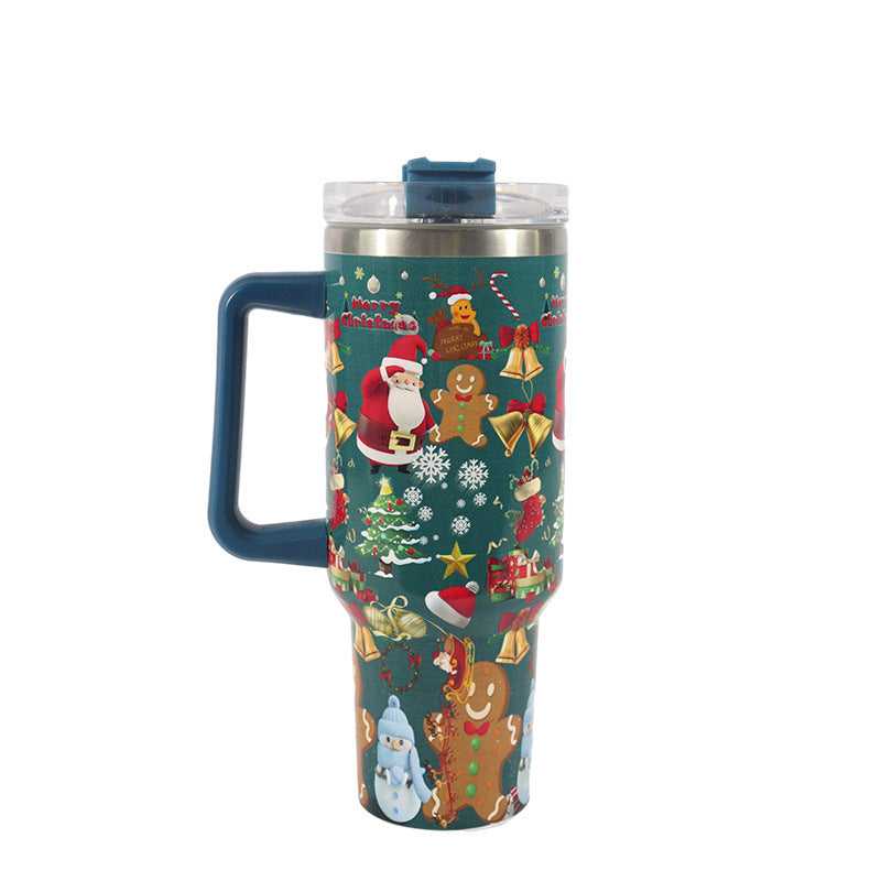 Christmas Pattern Mug With Handle Lid Straw Drinkware Stainle