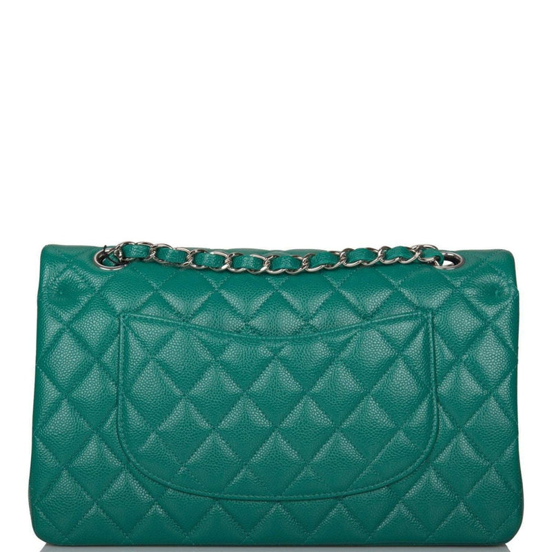 Chanel Shiny Green Quilted Caviar Medium Classic Double Flap Bag Silver Hardware