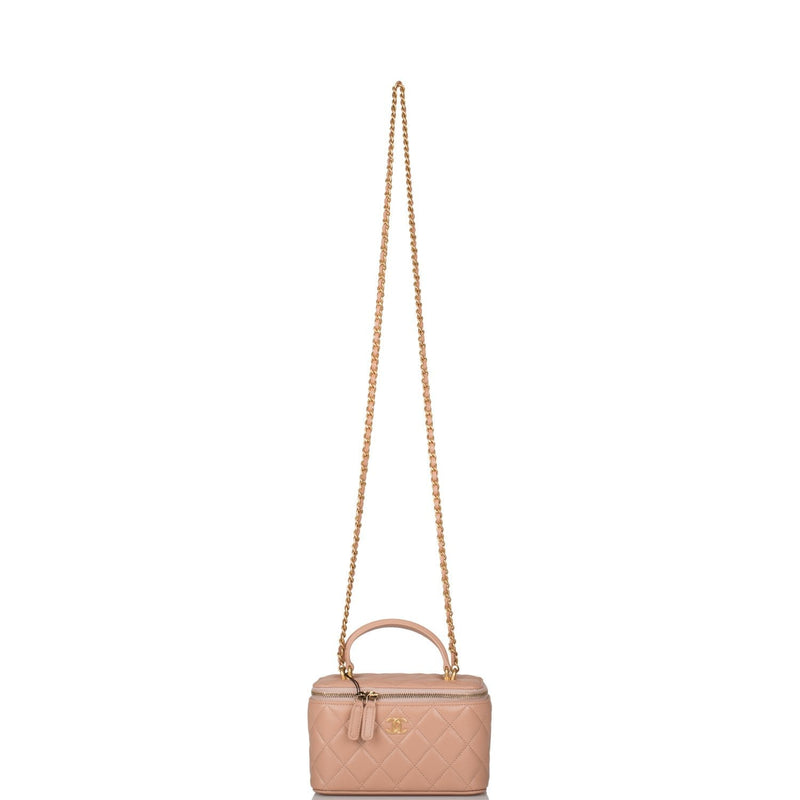 Chanel Beige Quilted Lambskin Small Top Handle Vanity Bag Antique Gold Hardware