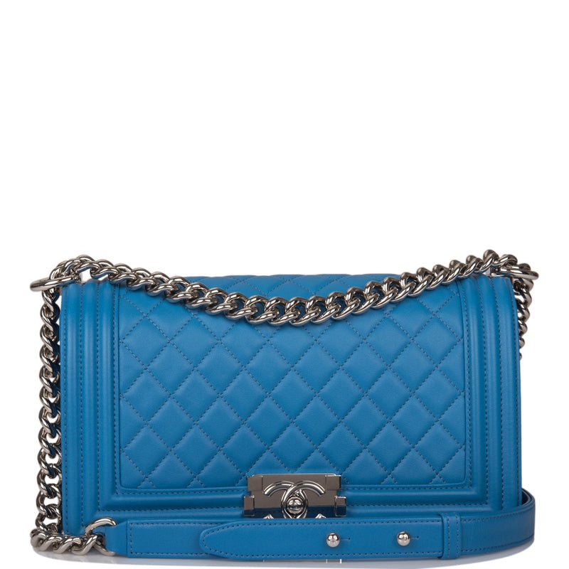 Chanel Medium Boy Bag Blue Calfskin Silver Hardware