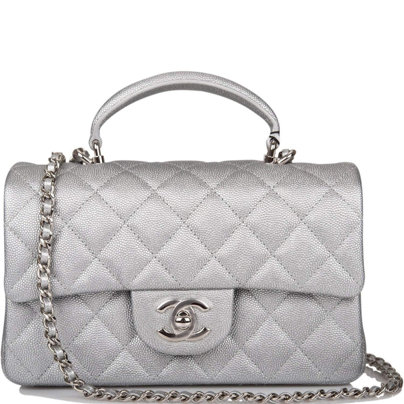 Chanel Silver Metallic Quilted Caviar Rectangular Mini Flap Bag with Top Handle Silver Hardware