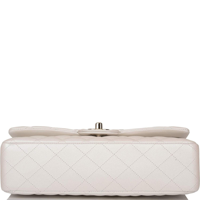 Chanel White Iridescent Quilted Lambskin Medium Classic Double Flap Bag Light Gold Hardware