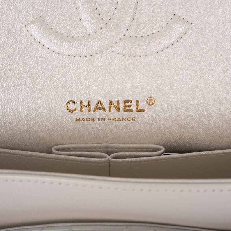 Chanel White Iridescent Quilted Lambskin Medium Classic Double Flap Bag Light Gold Hardware