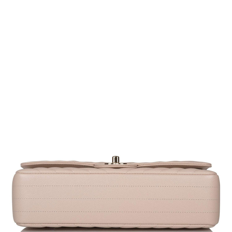 Chanel Shiny Beige Chevron Caviar Medium Classic Double Flap Bag Light Gold Hardware