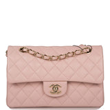 Chanel Rose Clair Quilted Caviar Small Classic Double Flap Bag Light Gold Hardware