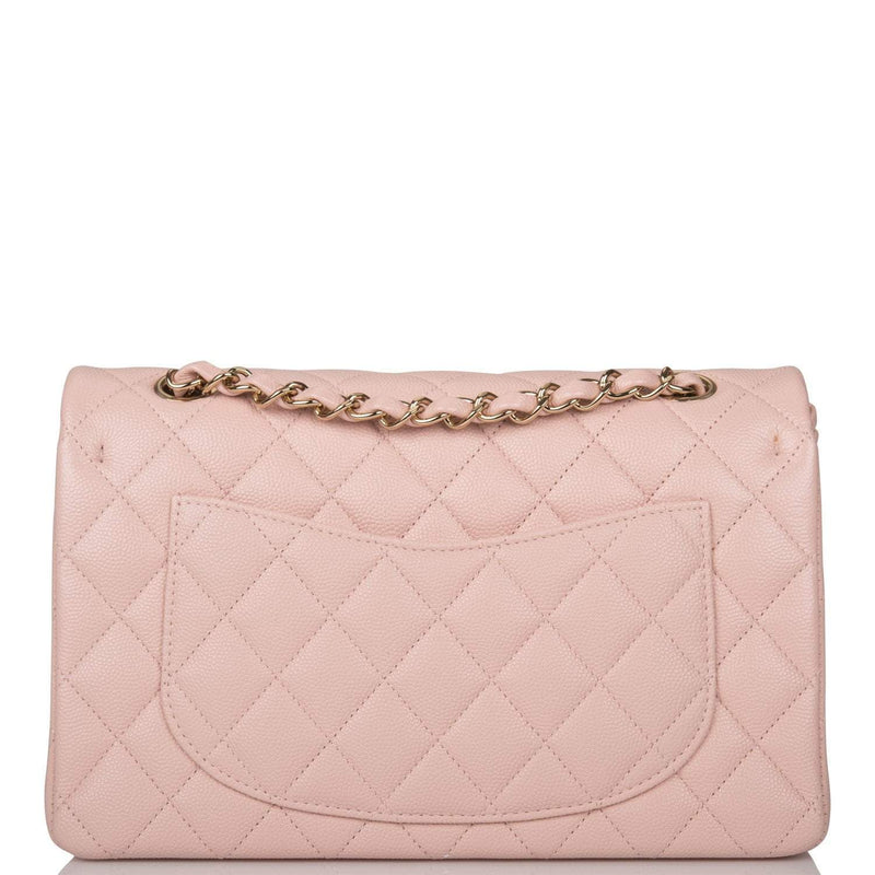 Chanel Rose Clair Quilted Caviar Small Classic Double Flap Bag Light Gold Hardware