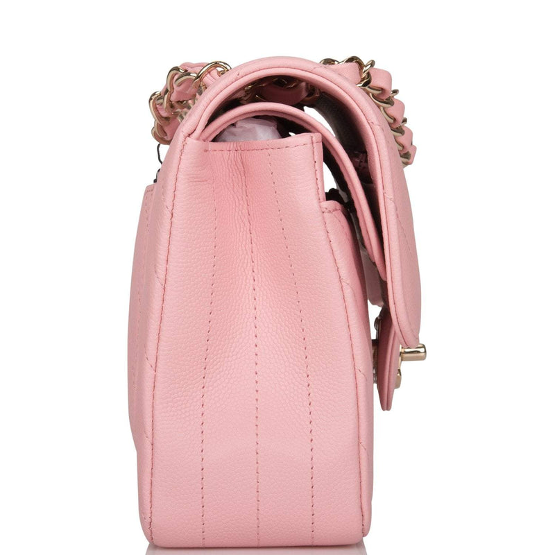 Chanel Pink Chevron Caviar Small Classic Double Flap Bag Light Gold Hardware
