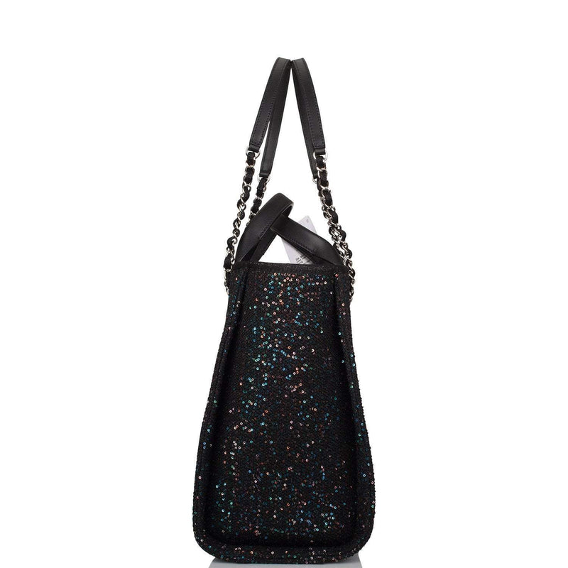 Chanel Black Canvas and Sequins Small Deauville Shopping Bag Silver Hardware