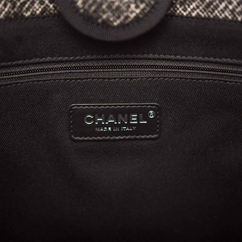 Chanel Small Deauville Shopping Bag Black Wool Silver Hardware
