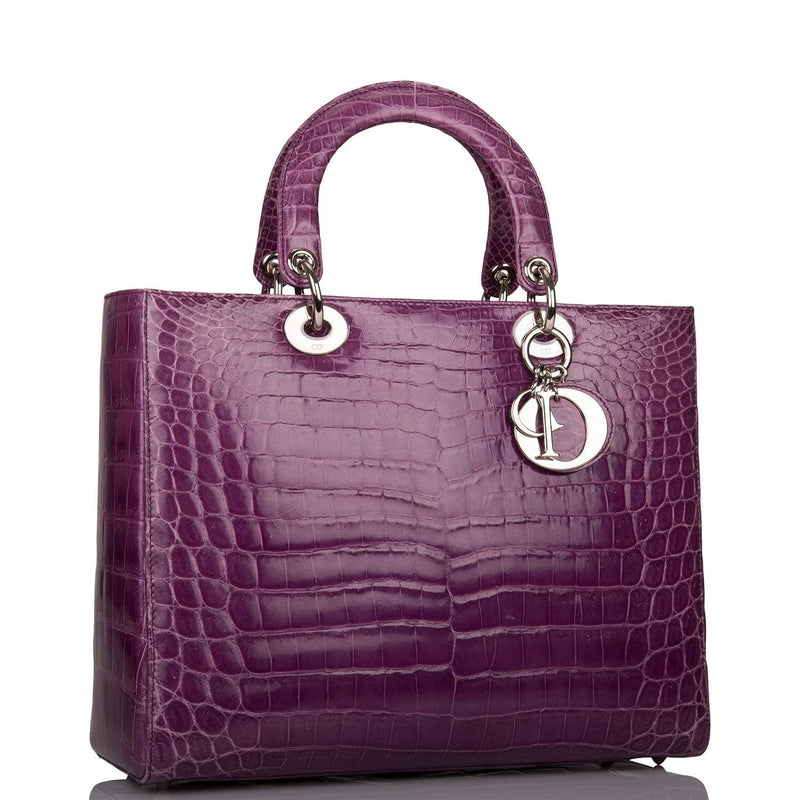 Christian Dior Purple Large Lady Dior Crocodile Tote Silver Hardware