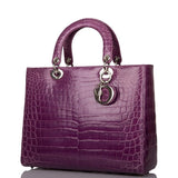 Christian Dior Purple Large Lady Dior Crocodile Tote Silver Hardware