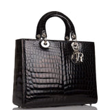 Christian Dior Black Large Lady Dior Crocodile Tote Silver Hardware