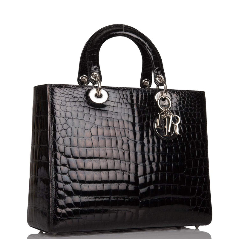Christian Dior Black Large Lady Dior Crocodile Tote Silver Hardware