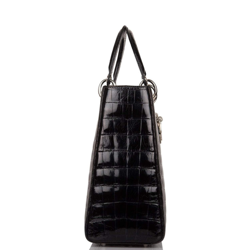 Christian Dior Black Large Lady Dior Crocodile Tote Silver Hardware