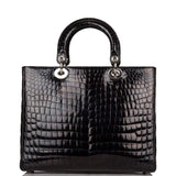 Christian Dior Black Large Lady Dior Crocodile Tote Silver Hardware