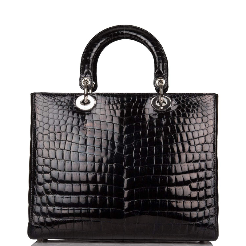 Christian Dior Black Large Lady Dior Crocodile Tote Silver Hardware
