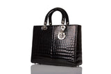 Christian Dior Black Large Lady Dior Crocodile Tote Silver Hardware