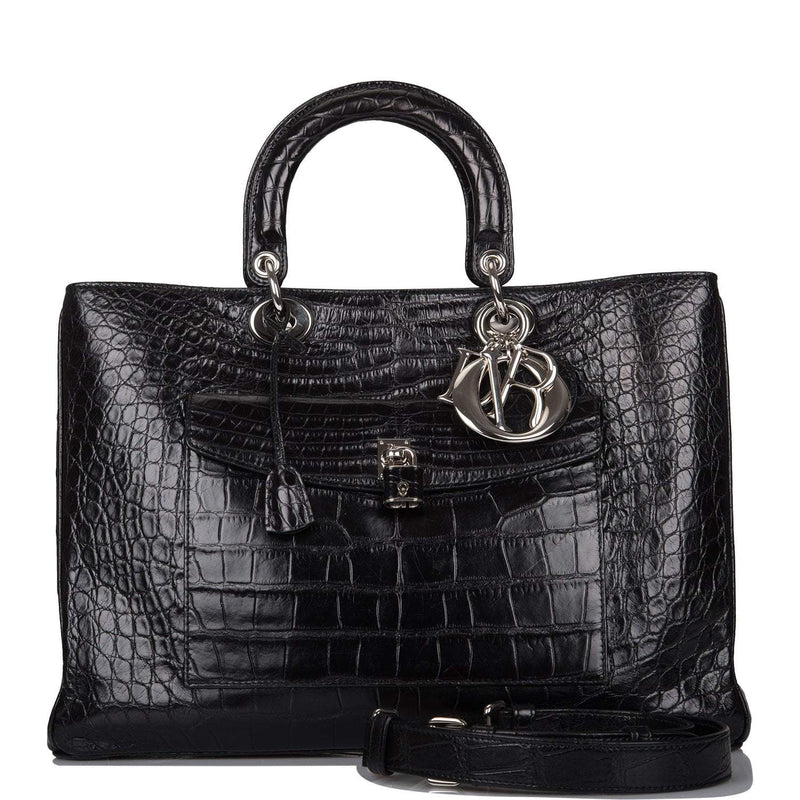Christian Dior Black Diorissimo Pocket Matte Alligator Tote Silver Hardware