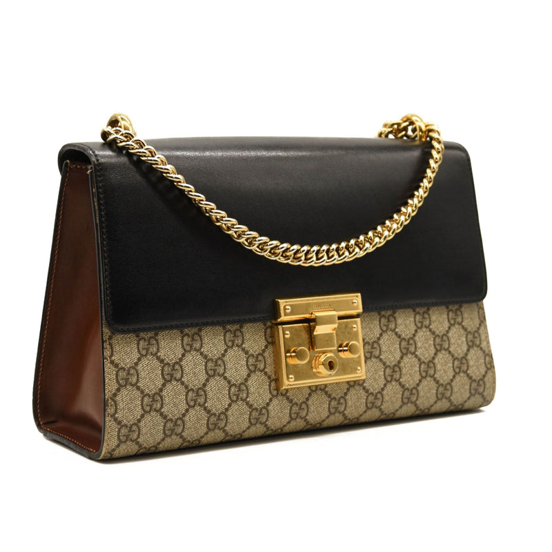 GUCCI GG Supreme Monogram Calfskin Medium Padlock Shoulder Bag Beige Black Cuir