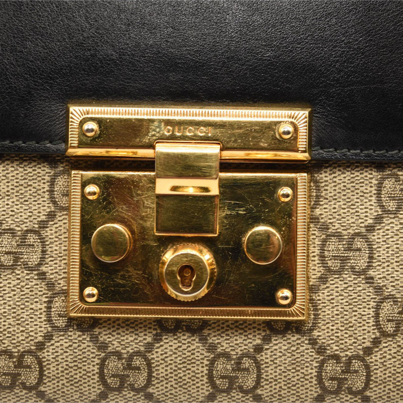 GUCCI GG Supreme Monogram Calfskin Medium Padlock Shoulder Bag Beige Black Cuir
