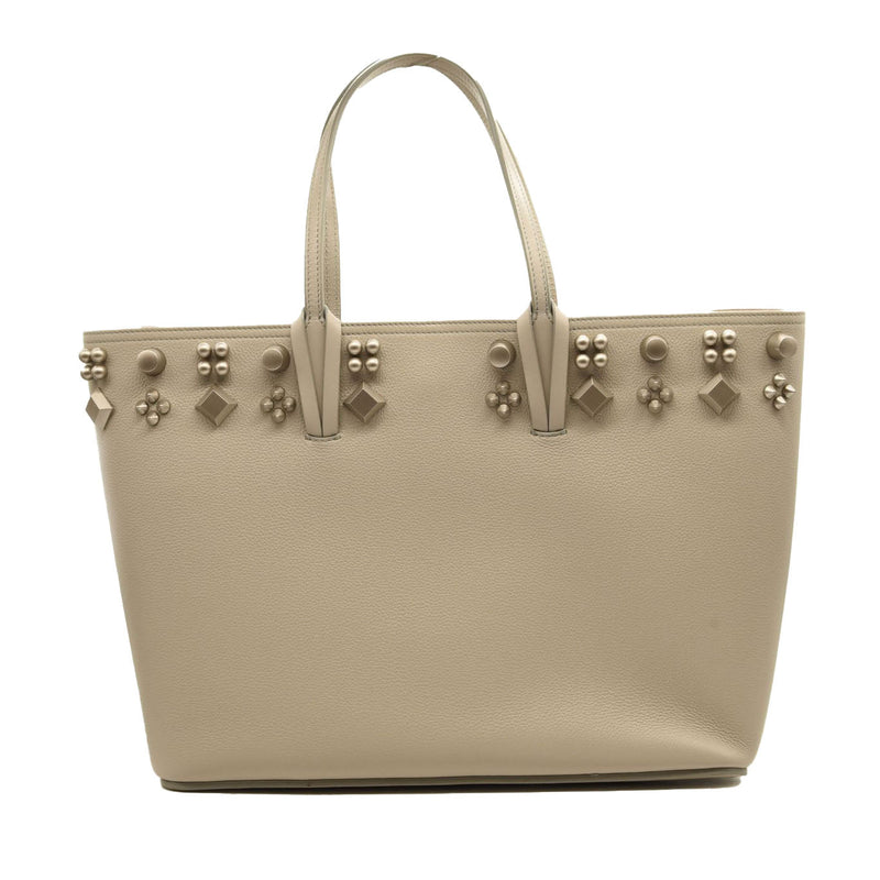NEW CHRISTIAN LOUBOUTIN Calfskin Spikes Small East West Cabata Tote Light Grey