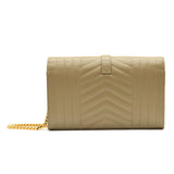SAINT LAURENT Grain De Poudre Mixed Matelasse Triquilt Monogram Chain Wallet Dark Beige