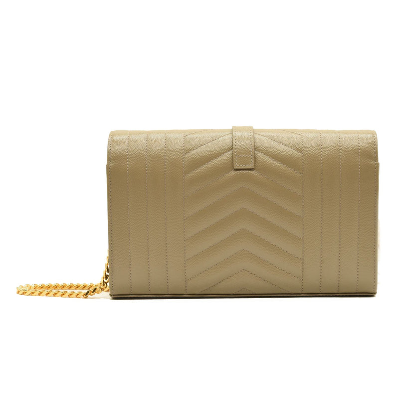 SAINT LAURENT Grain De Poudre Mixed Matelasse Triquilt Monogram Chain Wallet Dark Beige