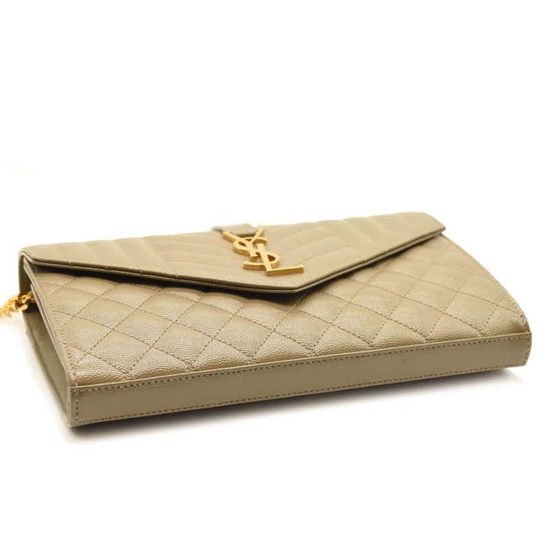 SAINT LAURENT Grain De Poudre Mixed Matelasse Triquilt Monogram Chain Wallet Dark Beige