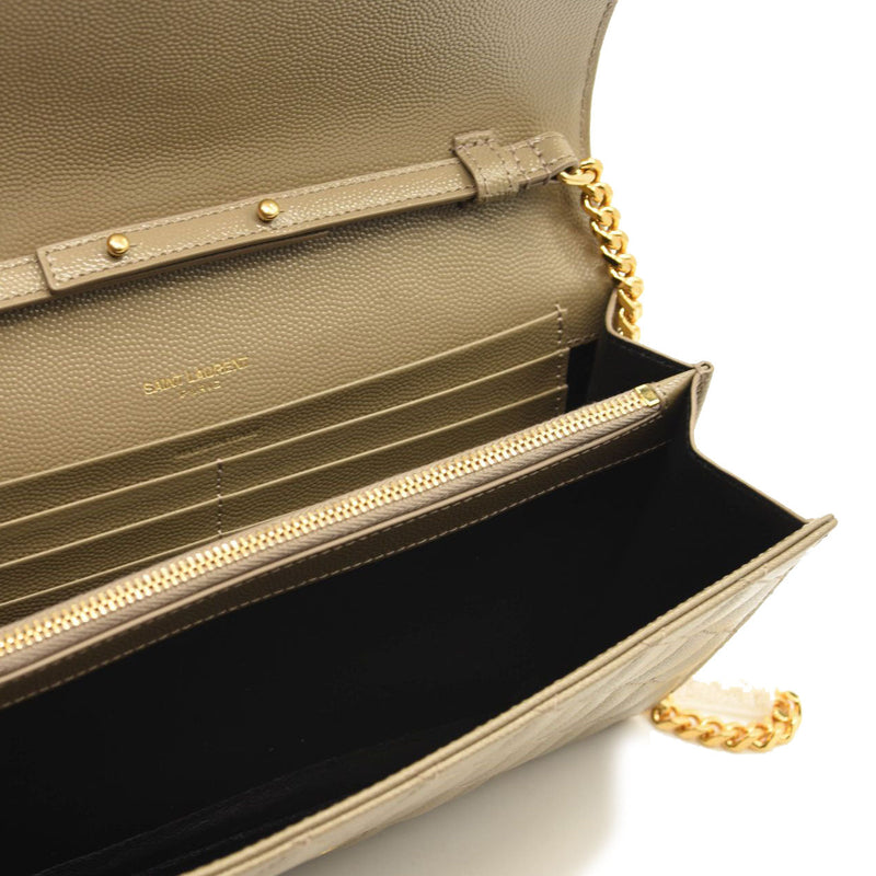 SAINT LAURENT Grain De Poudre Mixed Matelasse Triquilt Monogram Chain Wallet Dark Beige