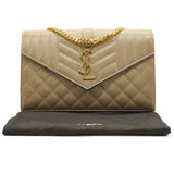 SAINT LAURENT Grain De Poudre Mixed Matelasse Triquilt Monogram Chain Wallet Dark Beige