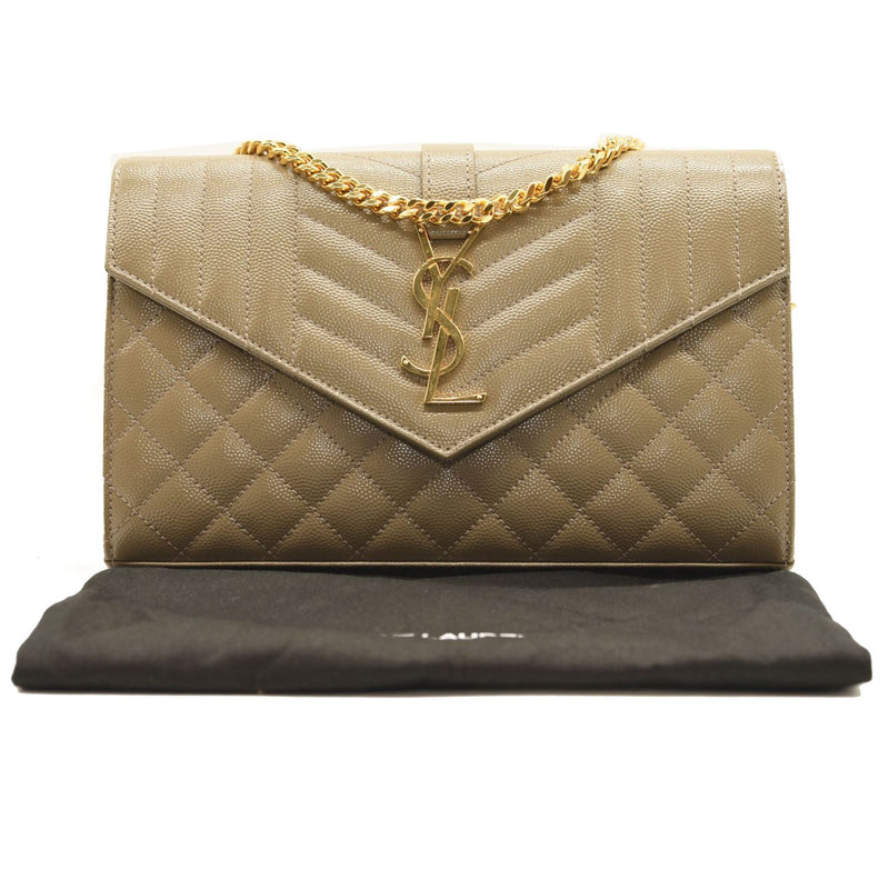 SAINT LAURENT Grain De Poudre Mixed Matelasse Triquilt Monogram Chain Wallet Dark Beige