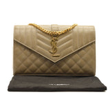 SAINT LAURENT Grain De Poudre Mixed Matelasse Triquilt Monogram Chain Wallet Dark Beige