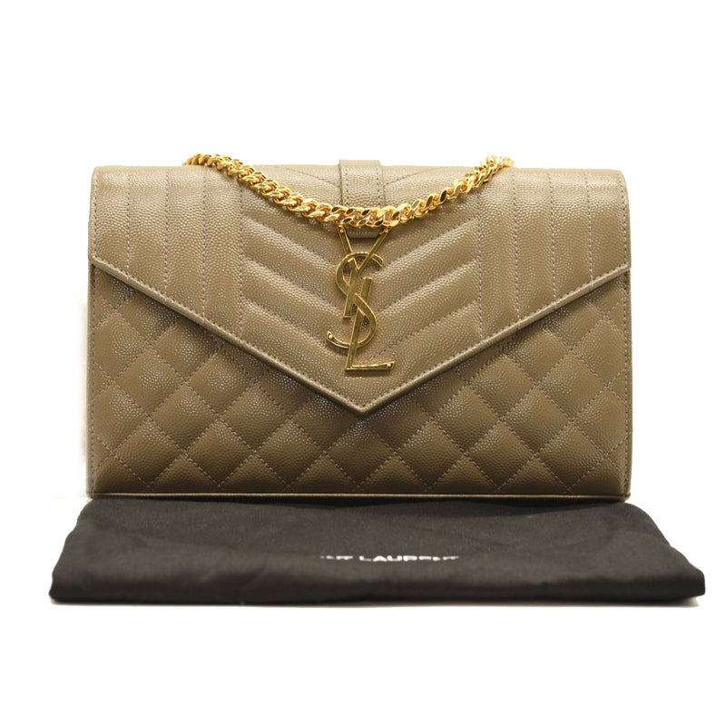 SAINT LAURENT Grain De Poudre Mixed Matelasse Triquilt Monogram Chain Wallet Dark Beige