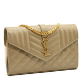 SAINT LAURENT Grain De Poudre Mixed Matelasse Triquilt Monogram Chain Wallet Dark Beige