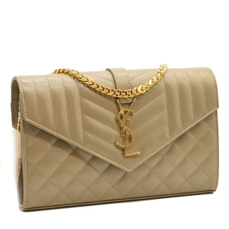 SAINT LAURENT Grain De Poudre Mixed Matelasse Triquilt Monogram Chain Wallet Dark Beige