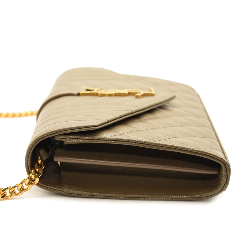 SAINT LAURENT Grain De Poudre Mixed Matelasse Triquilt Monogram Chain Wallet Dark Beige