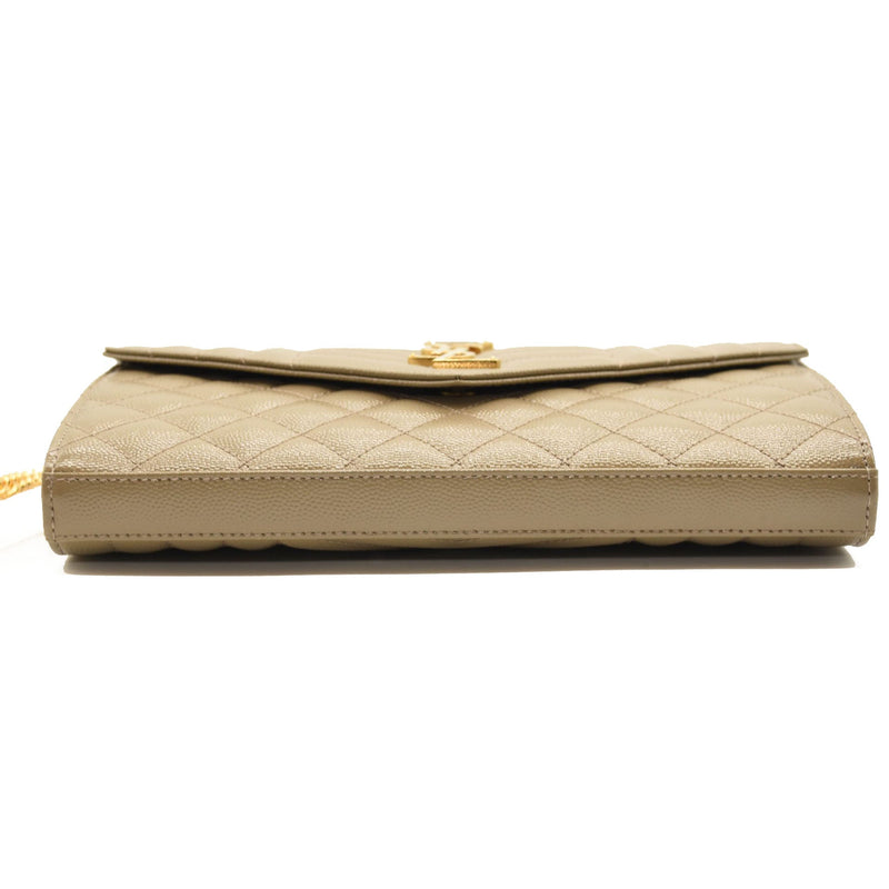 SAINT LAURENT Grain De Poudre Mixed Matelasse Triquilt Monogram Chain Wallet Dark Beige
