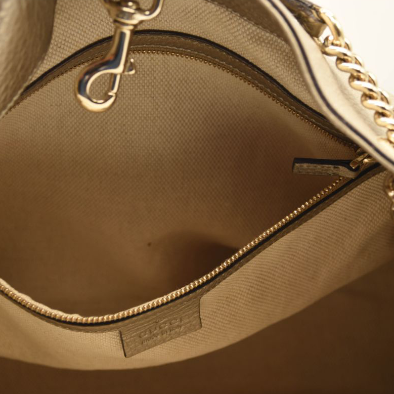 Gucci Metallic Pebbled Calfskin Medium Soho Chain Shoulder Bag Golden Beige