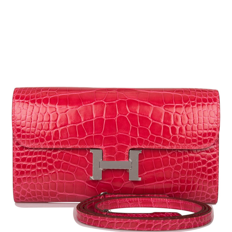 Hermes Rose Extreme Shiny Alligator Constance Wallet To Go Palladium Hardware
