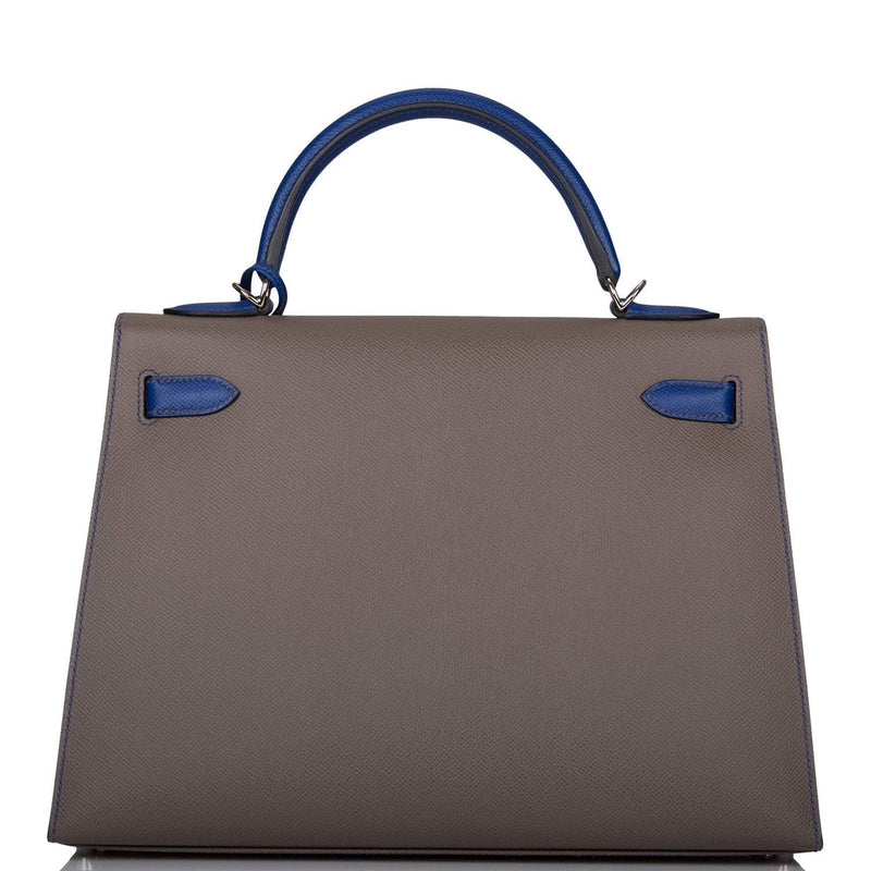 Hermes Kelly 32cm Bi-Color Etain and Bleu Electric Epsom Sellier Palladium Hardware