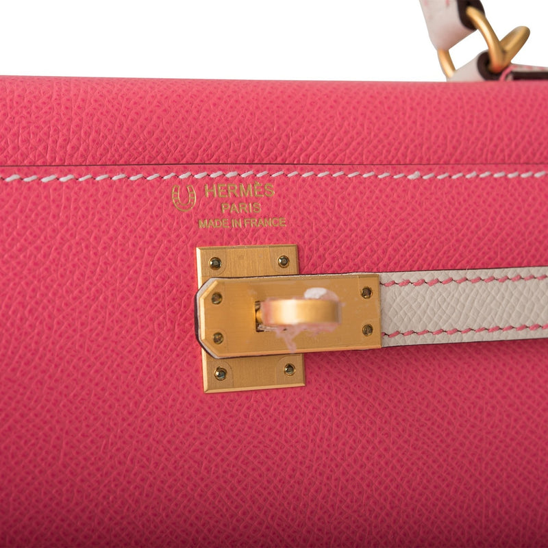 Hermes Kelly 25cm Bi-Color Rose Azalee and Craie Epsom Sellier Brushed Gold Hardware